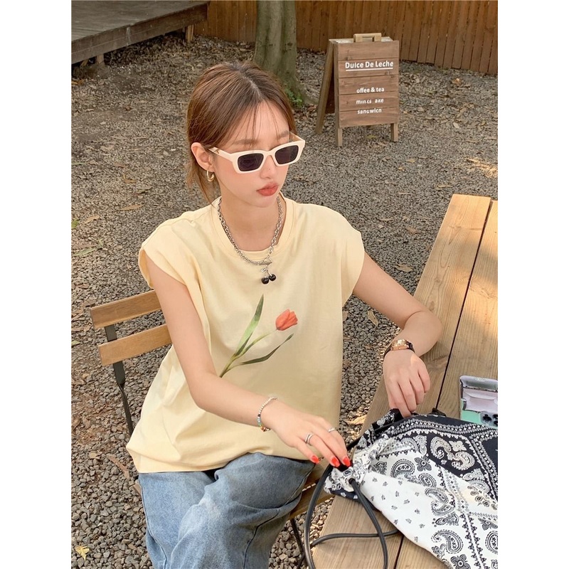 Jiashucheng Áo Thun Nữ Không Tay In Hình Hoa Tulip Phong Cách Hàn Quốc Mới