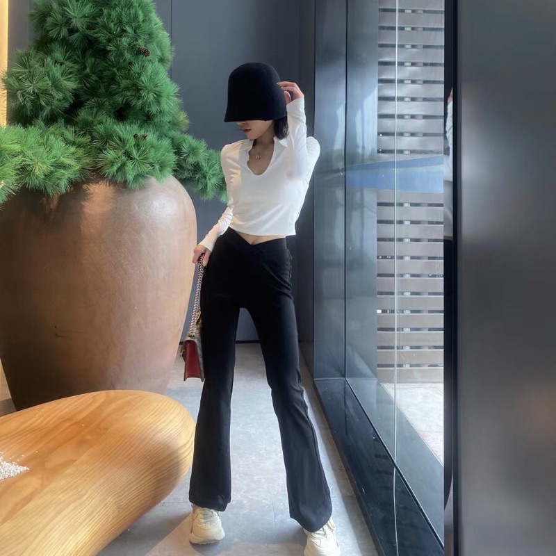 Quần Dài Legging Ống Loe Nữ Lưng Cao Chữ V Nâng Mông, Tôn Dáng Chun Sau Lưng