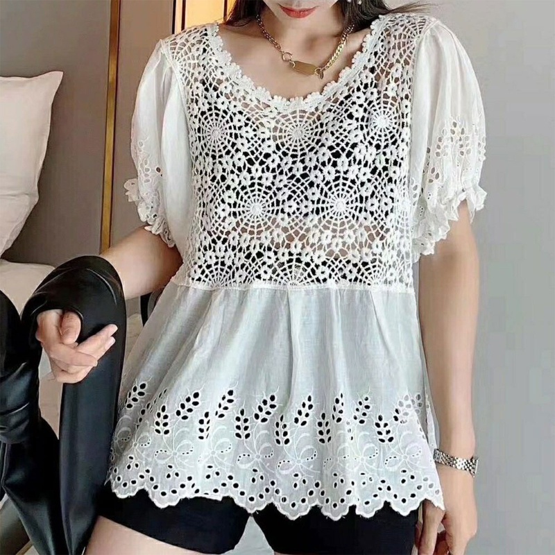 Brroa Áo Sơ Mi Tay Ngắn Phồng Phối Ren Thêu Họa Tiết Xinh Xắn Thời Trang Cho Nữ