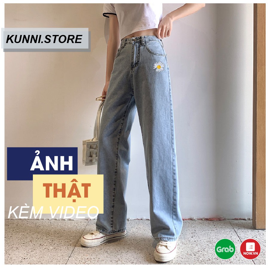 Quần Jean Nữ Thêu Hoa Cúc  Dáng Suông Baggy Cạp Lưng Cao Trơn Chất Bò Dày Dặn Màu Xanh Trơn