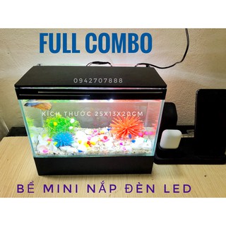 set Bể cá để bàn 25cm và 8 món ( bể cá , nắp đèn led, lọc thác, cây , sứa silicon, sỏi màu, vỏ sò biển, thức ăn cá)