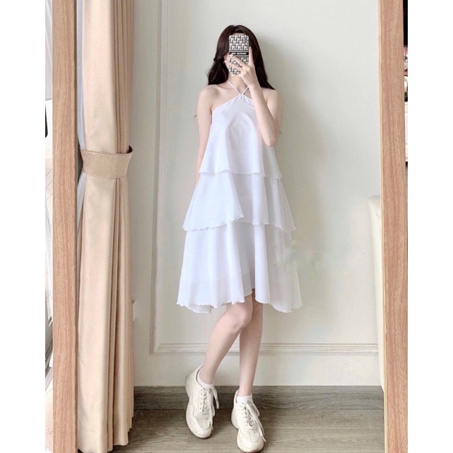 Váy Babydoll Cổ Yếm Voan 2 Lớp Dạo Phố, Đầm Cổ Yếm Đi Biển Màu Trắng