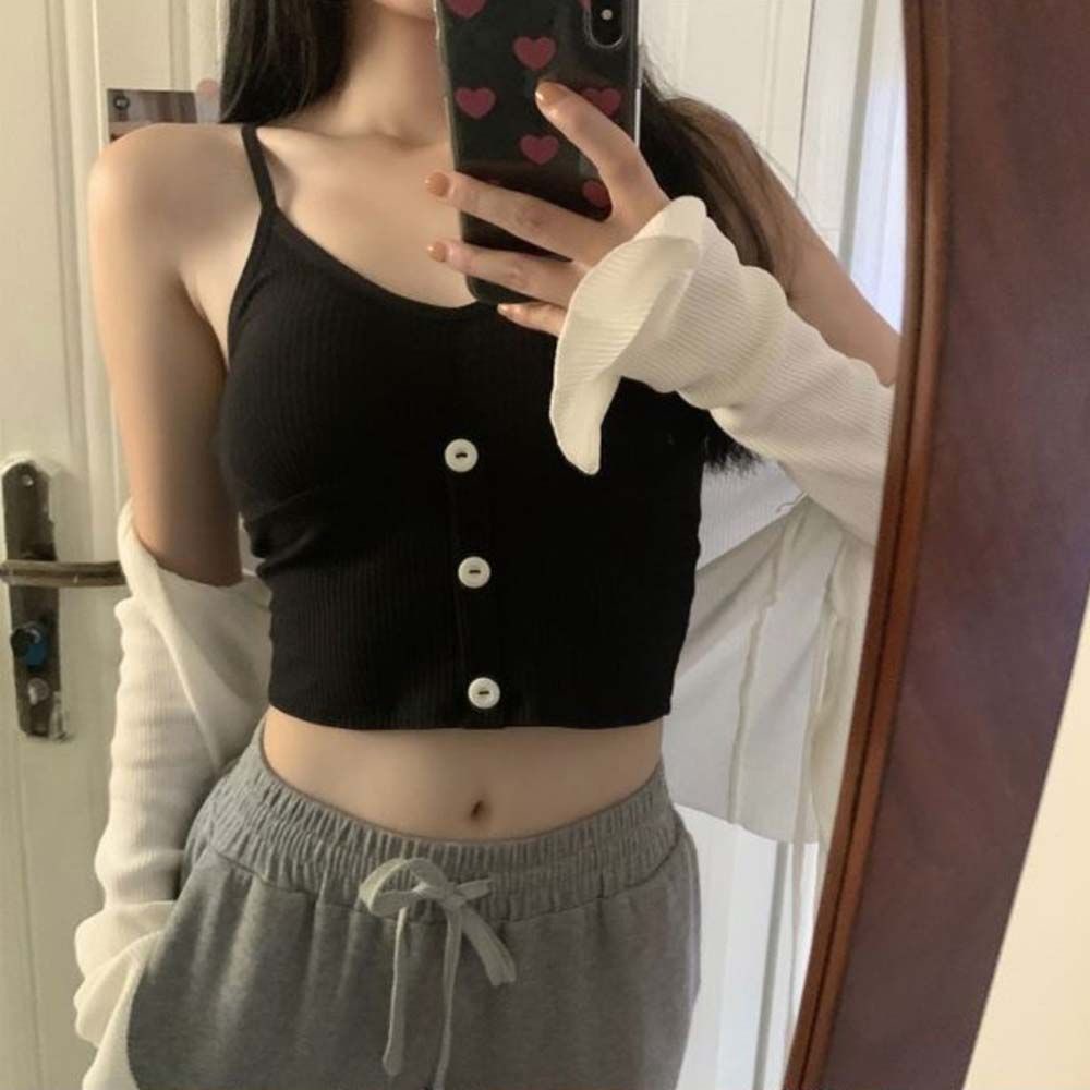 Áo 2 dây gài nút có mút lót nâng ngực cổ chữ V phong cách Hàn Quốc quyến rũ cho nữ