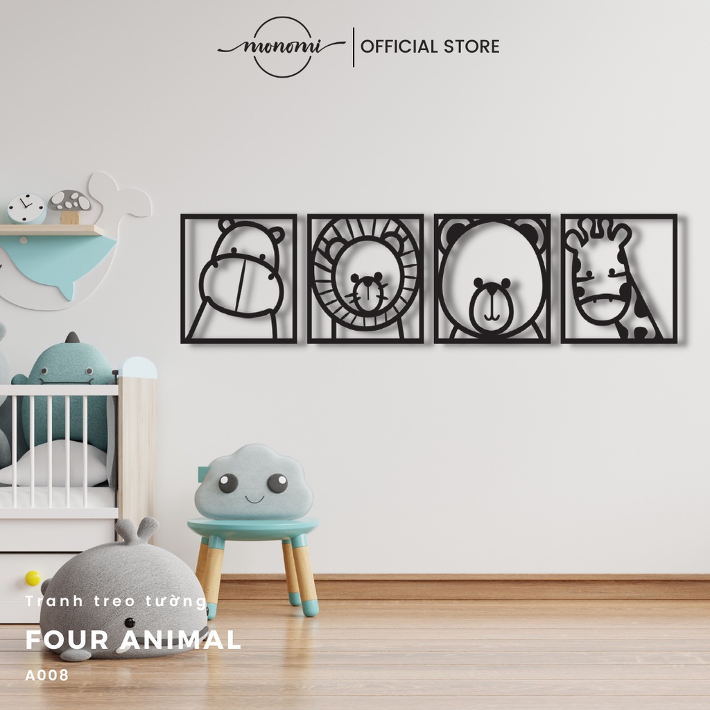 Bộ tranh treo tường bằng kim loại hình thú vui nhộn,  Tranh trang trí nhà cửa, Quà tặng tân gia - Monomi A008