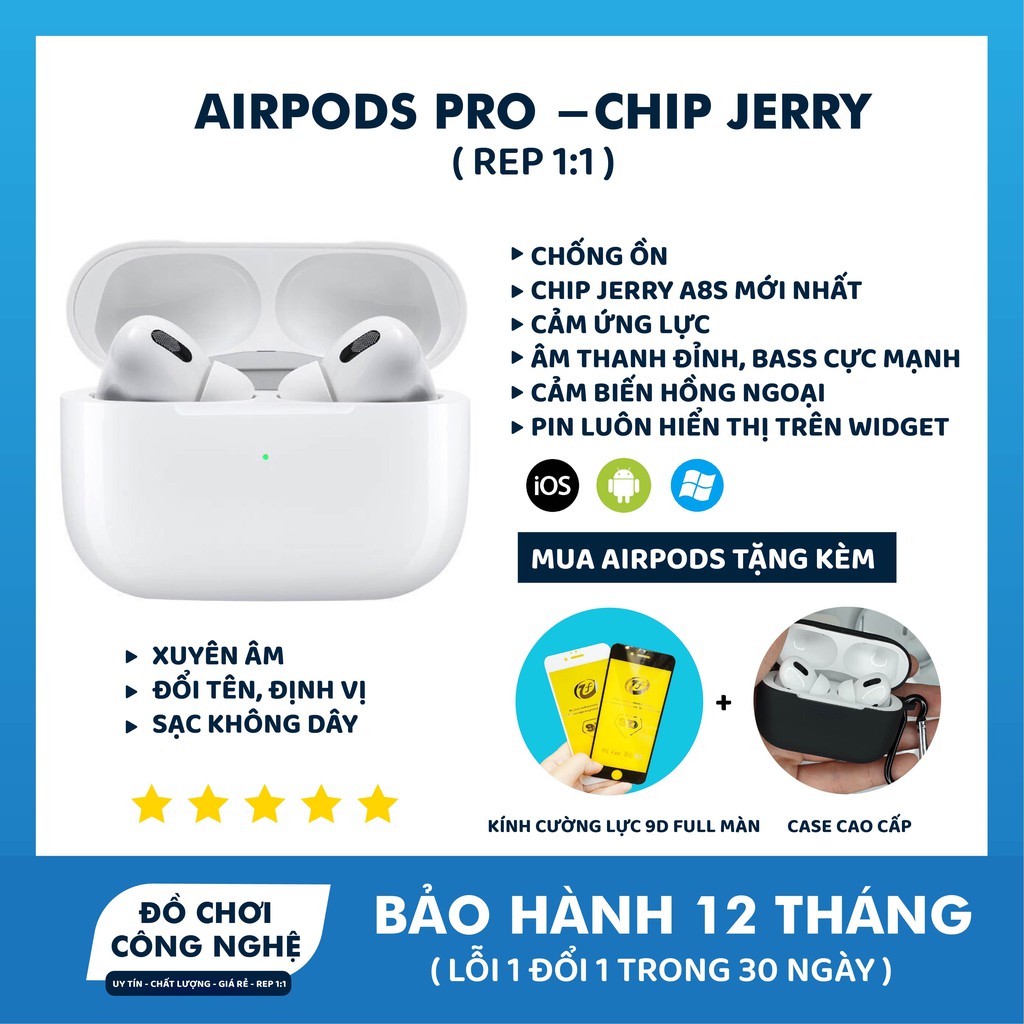 Tai Nghe Kết Nối Bluetooth Airpod Pro 5.0, Chip Jerry A8 - Đổi Tên Định Vị Xuyên Âm Chống Ồn, Sạc Không Dây