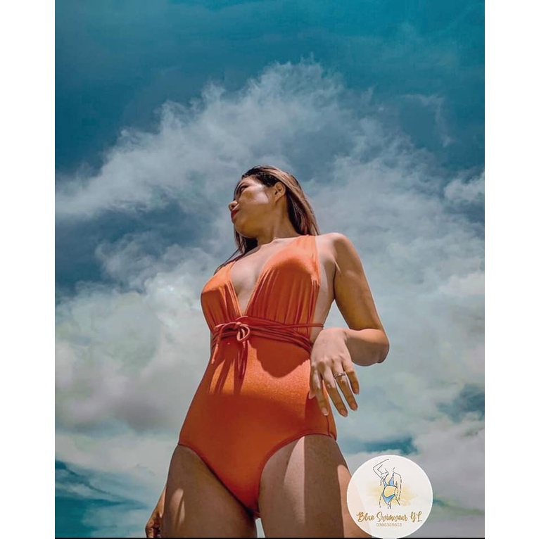 Bikini đồ bơi nữ 1 mảnh liền thần xẻ ngực hở lưng vạt dài buộc gợi cảm tặng kèm mút lót ngực tiện lợi Lm008