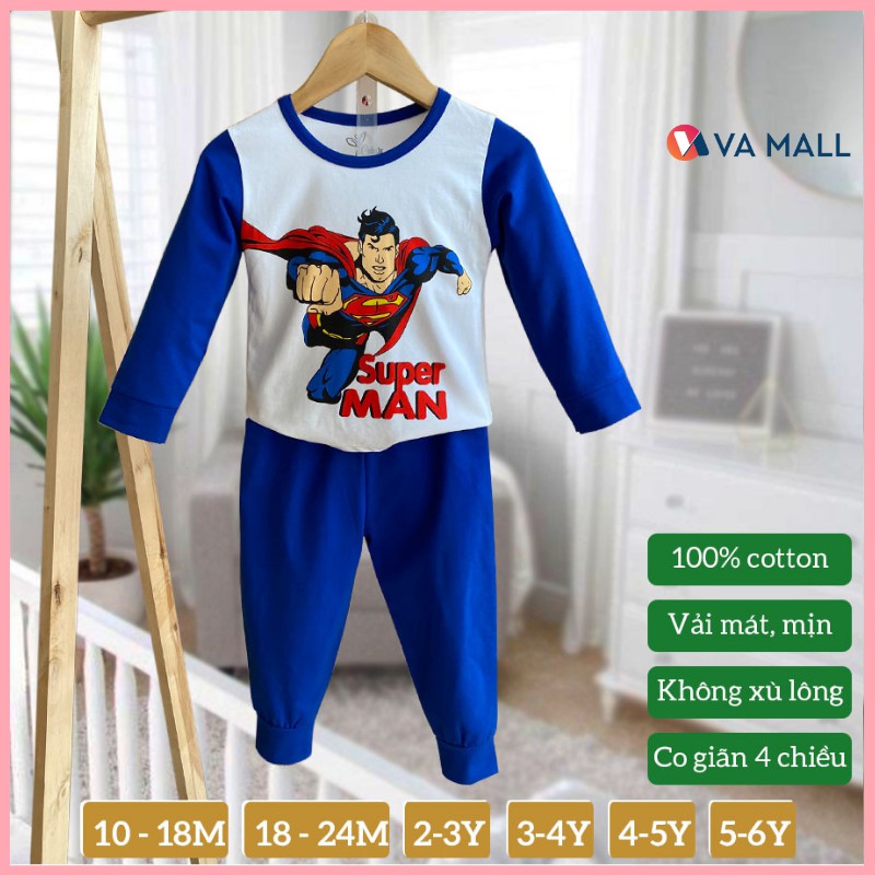 Bộ dài tay dành cho bé trai Cotton 4 chiều Siêu nhân trắng xanh tím cực kỳ đáng yêu