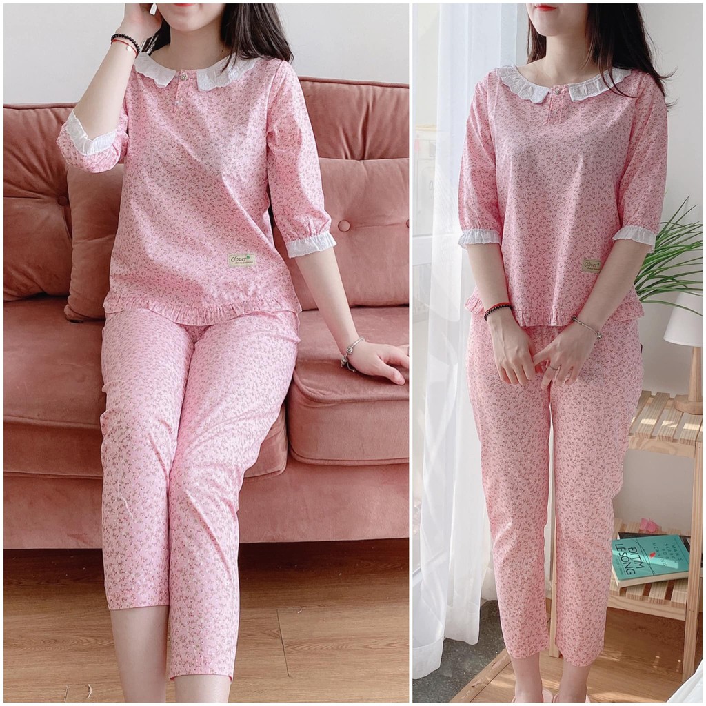 Bộ mặc nhà chất lụa hàn mềm mịn, áo tay lỡ quần dài, size từ 40-63kg
