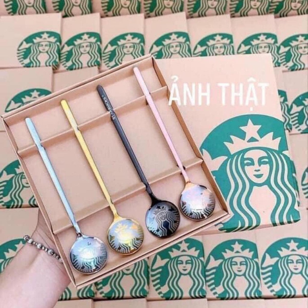 HỘP 4 THÌA INOX STARBUCKS 4 MÀU SANG CHẢNH