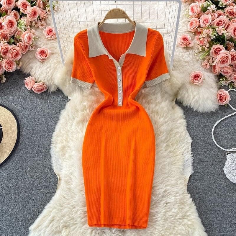 Đầm cổ áo po.lo chất len gân mùa hè. Đầm thể thao