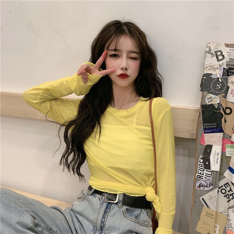 Áo Tay Dài Dáng Rộng Màu Trơn Phối Lưới Thời Trang Hè Phong Cách Hàn Quốc Cho Nữ