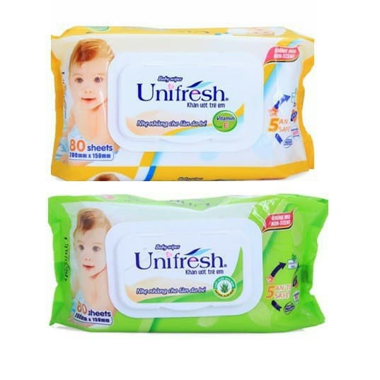 Khăn ướt em bé Unifresh Vitamin E và Nha đam 80 tờ/khăn ướt diệt khuẩn All clean