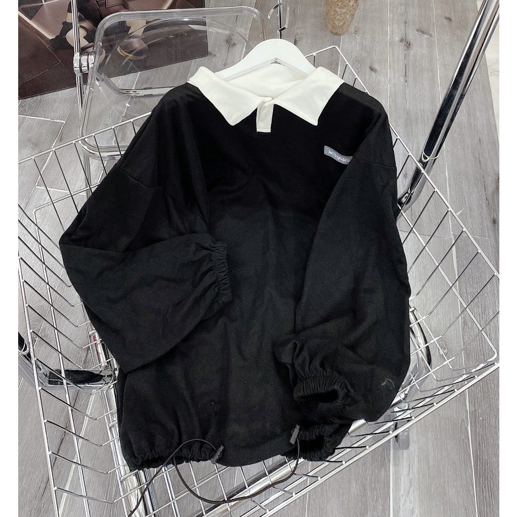 Áo Thun Polo Cổ Bẻ Dài Tay Dáng Rộng Thêu Ngực Dây Rút Nam Nữ Unisex Phối Cổ Sweater