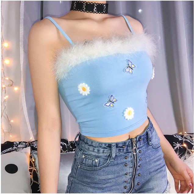 Áo Croptop 2 dây viền lông thêu hoa HAC77 - Hỉn Hỉn Store