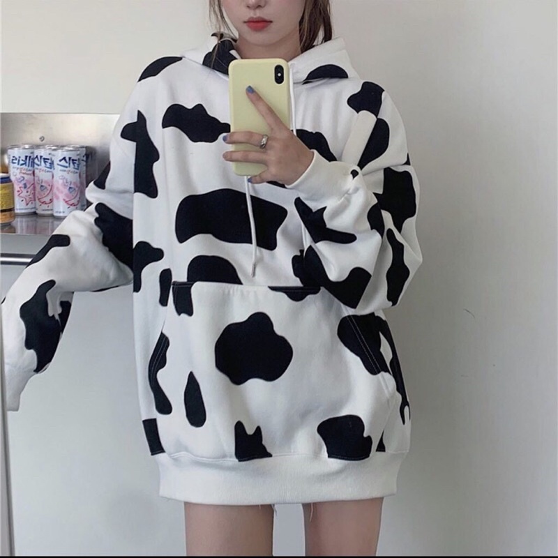 "Hoodie Nỉ Ngoại Bò Sữa KNN19 Form rộng (Freesize Dưới 75kg)  Áo hoodie loang bò sữa - Áo nỉ có nón | BigBuy360 - bigbuy360.vn