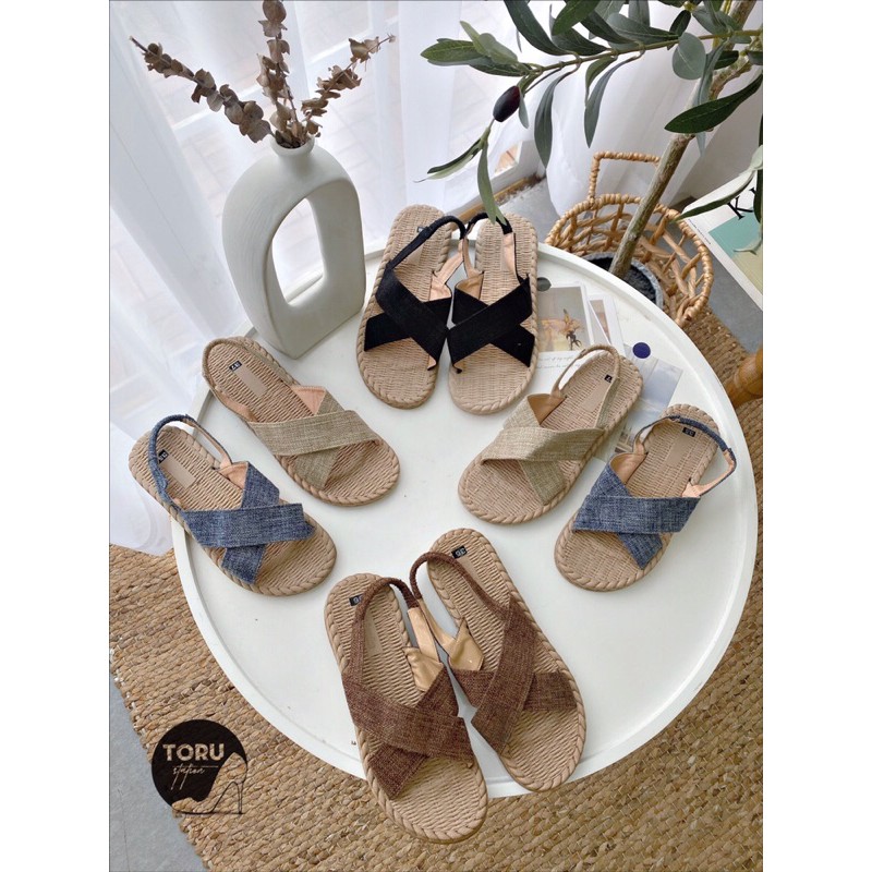 Sandal nữ dép quai hậu cói quai chéo đế thấm hút mồ hôi