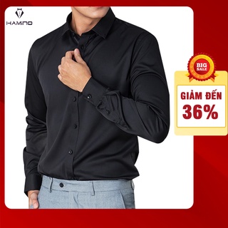 Áo sơ mi nam Đen dài tay Hàn Quốc vải lụa cotton chéo, mềm mịn, không nhăn theo phong cách công sở