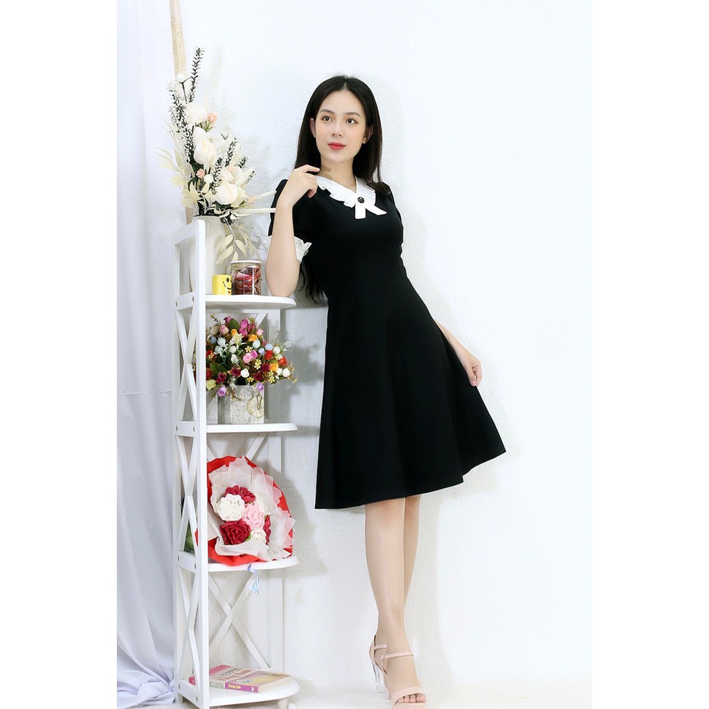 [Hình Ảnh Thật] Đầm Xòe Hotgirl MÀU ĐEN CỔ BÈO TRẮNG ĐÍNH NÚT VINTAGE sang chảnh - Lụa Mango cao cấp co dãn đứng | BigBuy360 - bigbuy360.vn