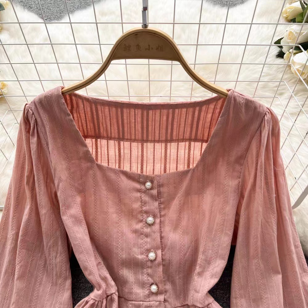 Áo kiểu BH tay dài phồng cổ vuông phong cách retro Hàn Quốc cho nữ
