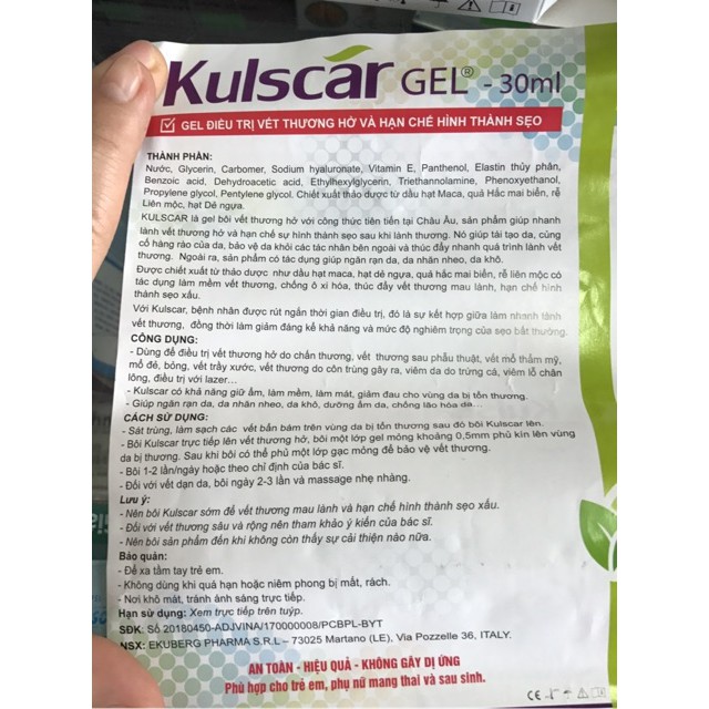 Gel điều trị vết thương và hạn chế hình thành sẹo lồi, sẹo phì đại, rạn da - Kulscar gel