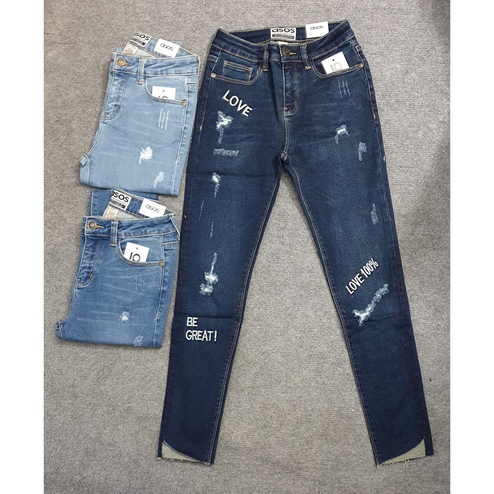 Quần jean skinny rách xước và thêu chữ - 299asos