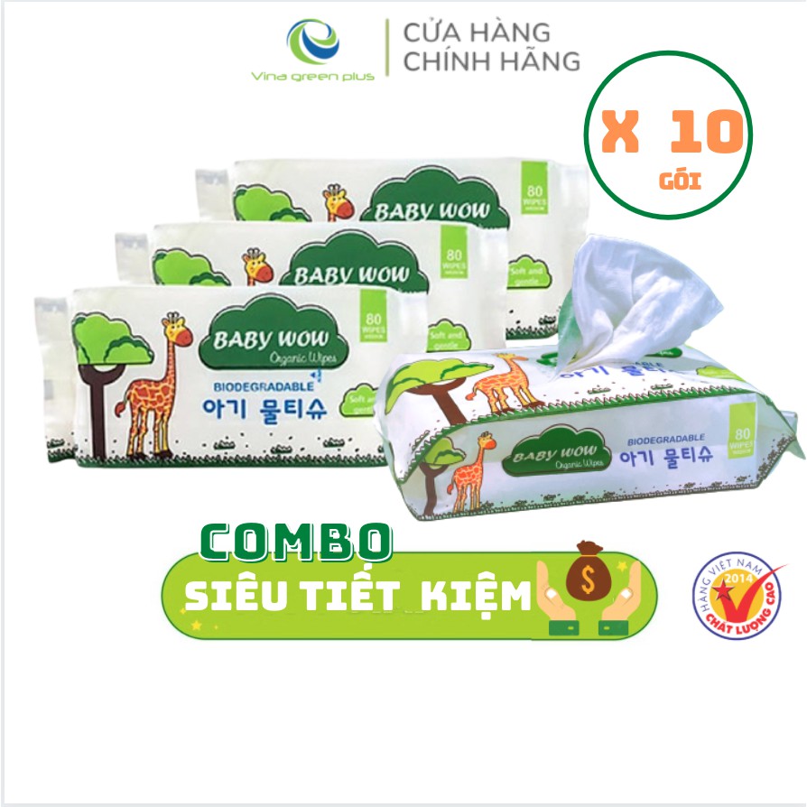 [RẺ VÔ ĐỊCH] Combo 10 gói Khăn ướt Không mùi cho Bé Baby Wow 80 tờ/gói