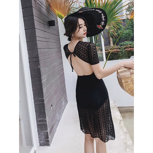 Đồ bơi nữ một mảnh hoạ tiết ren kèm khăn cuốn, áo tắm nữ liền thân với 2 màu đen và trắng, size 40-70kg