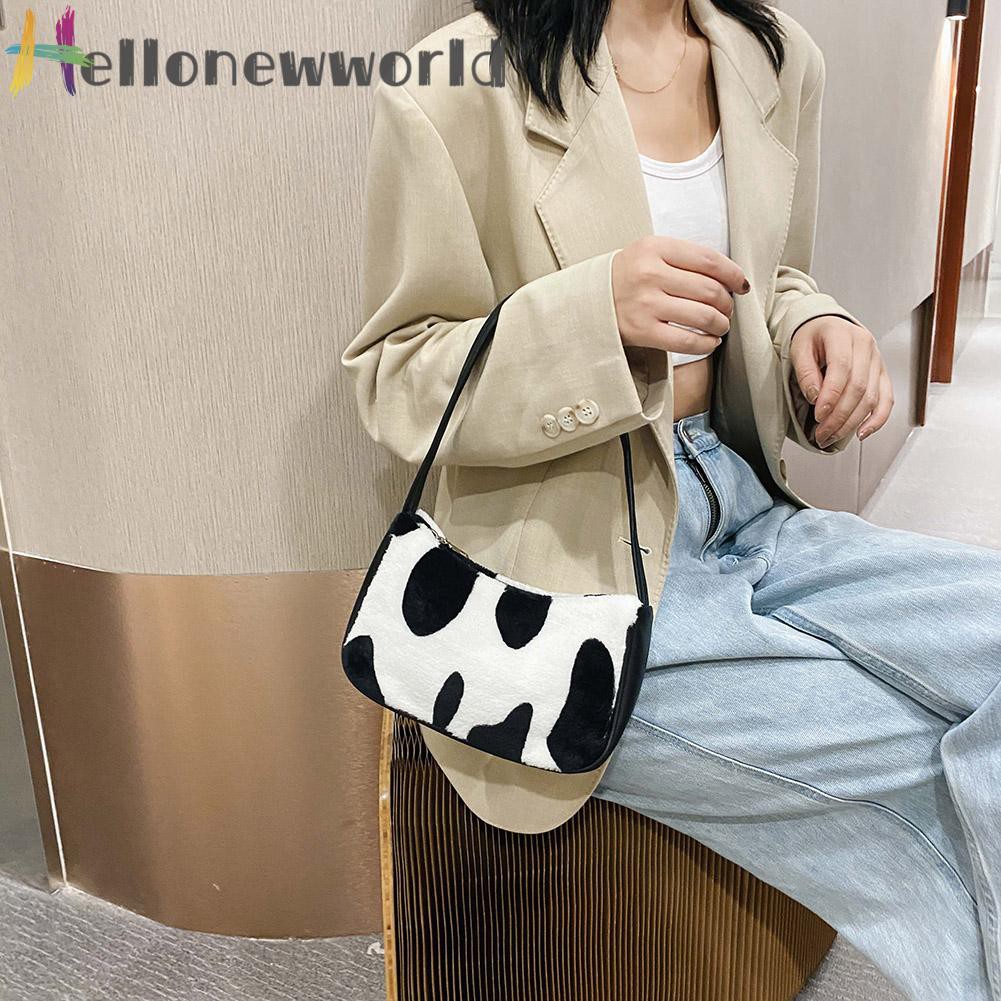 Túi đeo vai/xách tay lót vải lông mềm họa tiết da bò sữa/ngựa vằn thời trang thu đông cho nữ