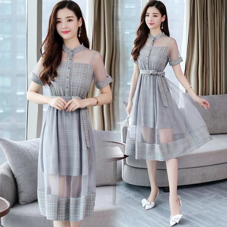 ĐẦM XOÈ CARO PHỐI REN CỔ TRỤ CAO CẤP