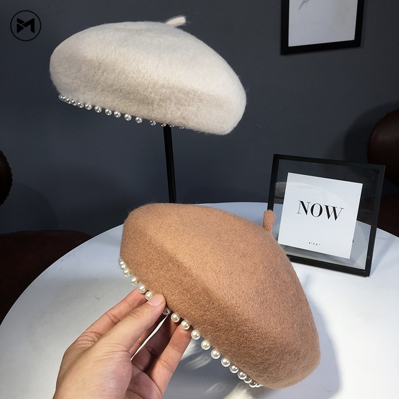 Mũ Beret Len Lông Cừu Đính Ngọc Trai Phong Cách Anh Quốc Thời Trang Thu Đông Cho Nữ