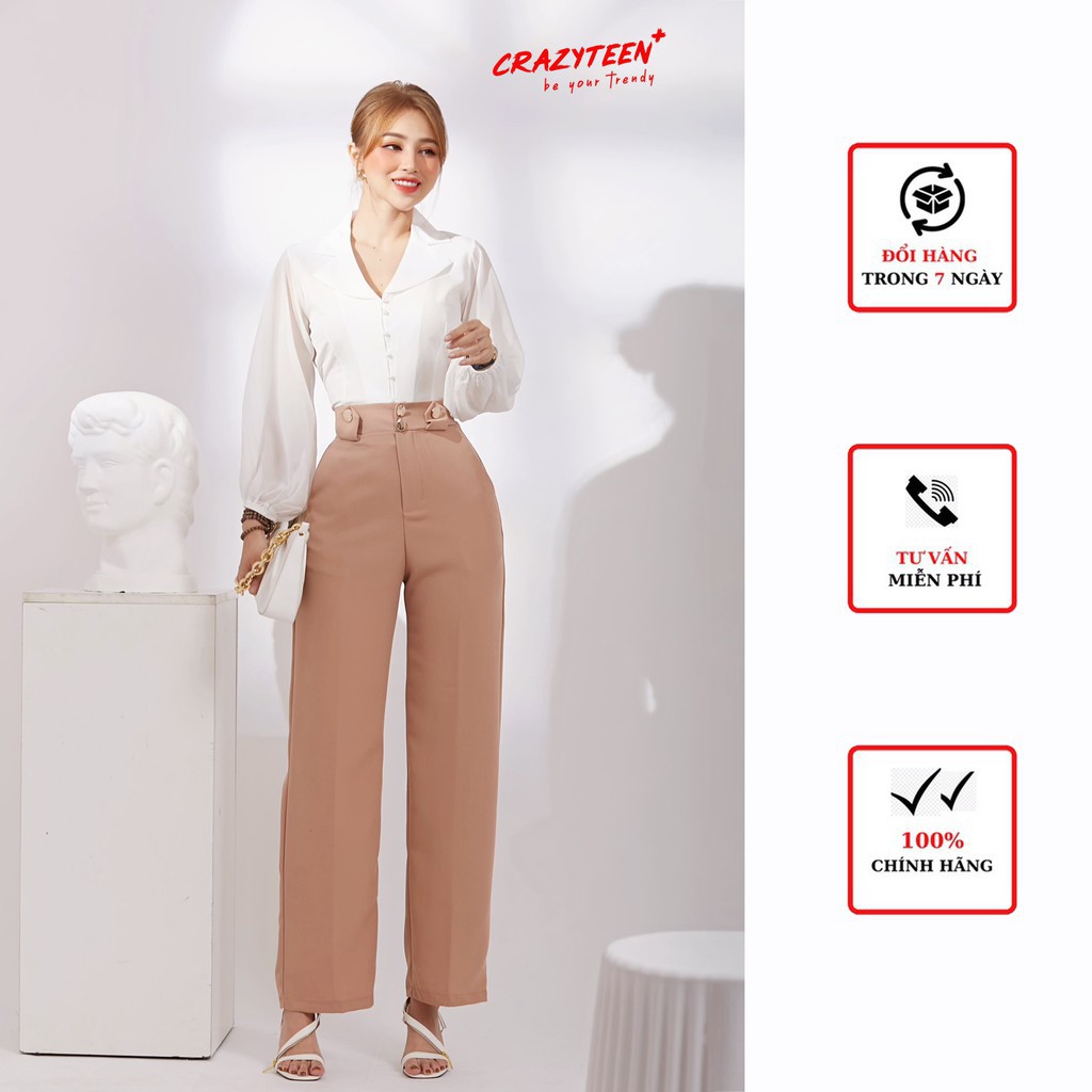 Quần ống suông nữ CRAZYTEEN phối nút sang trọng Q0002 | BigBuy360 - bigbuy360.vn
