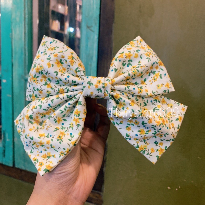 Kẹp tóc bản to nơ lớn hoạ tiết hoa nhí vintage N13