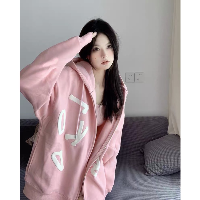 Áo Khoác dây kéo In chữ nổi 3 màu xinh xắn Hồng/Xanh dương/Xanh đen Unisex nam nữ siêu đẹp (hình thật) tại Boin Store
