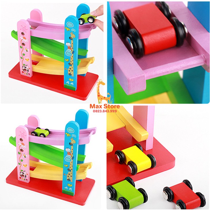 Xe Cầu Trượt 3 Tầng Bằng Gỗ Cho Bé Kèm 3 Xe Con
