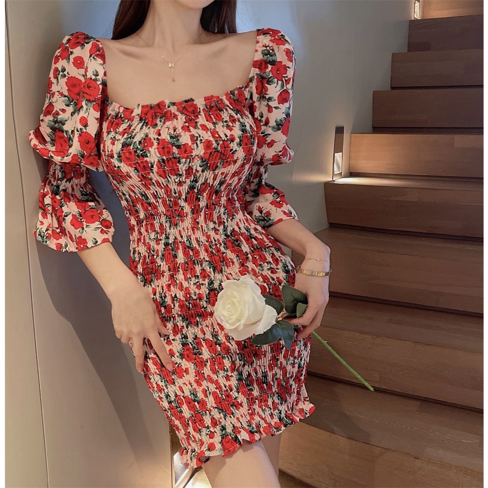 Đầm Tay Phồng Cổ Vuông Họa Tiết Hoa Thời Trang Mùa Hè Phong Cách Mới