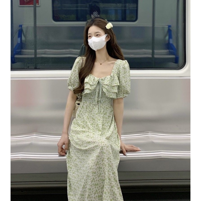 Đầm Midi Cổ Vuông Tay Phồng In Họa Tiết Hoa Thời Trang Mùa Hè Xinh Xắn Cho Nữ