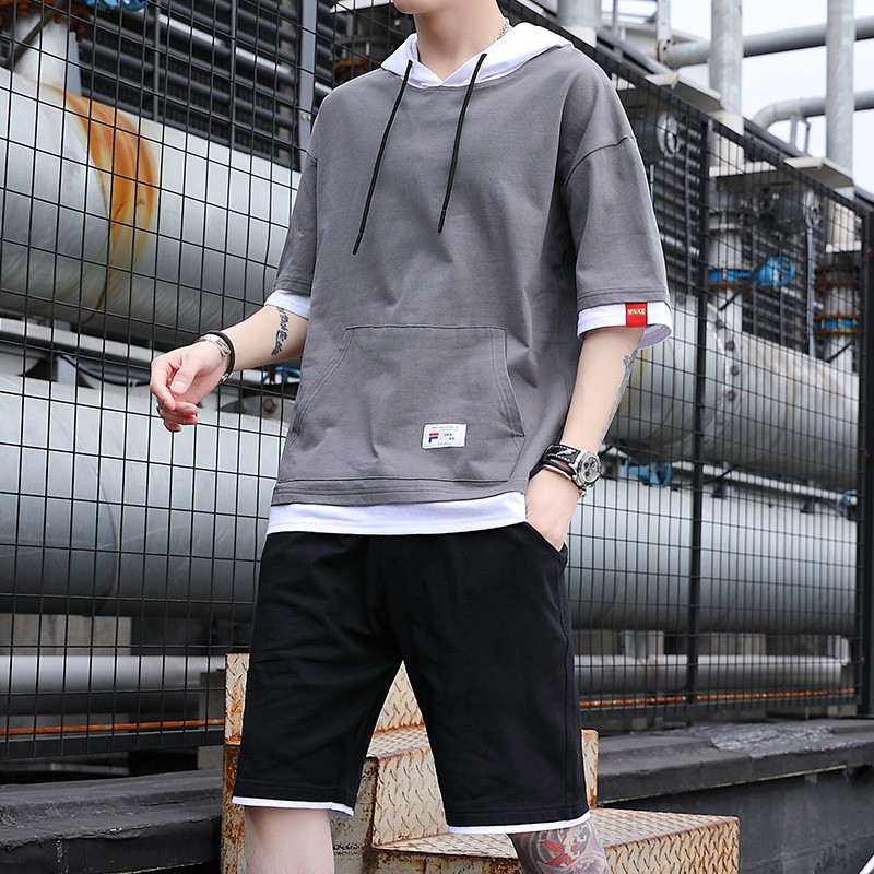 Bộ Đồ Thể Thao Áo Hoodie Tay Ngắn Phối Quần Short Kiểu Hàn Quốc Thời Trang Mùa Hè Cho Nam 2021