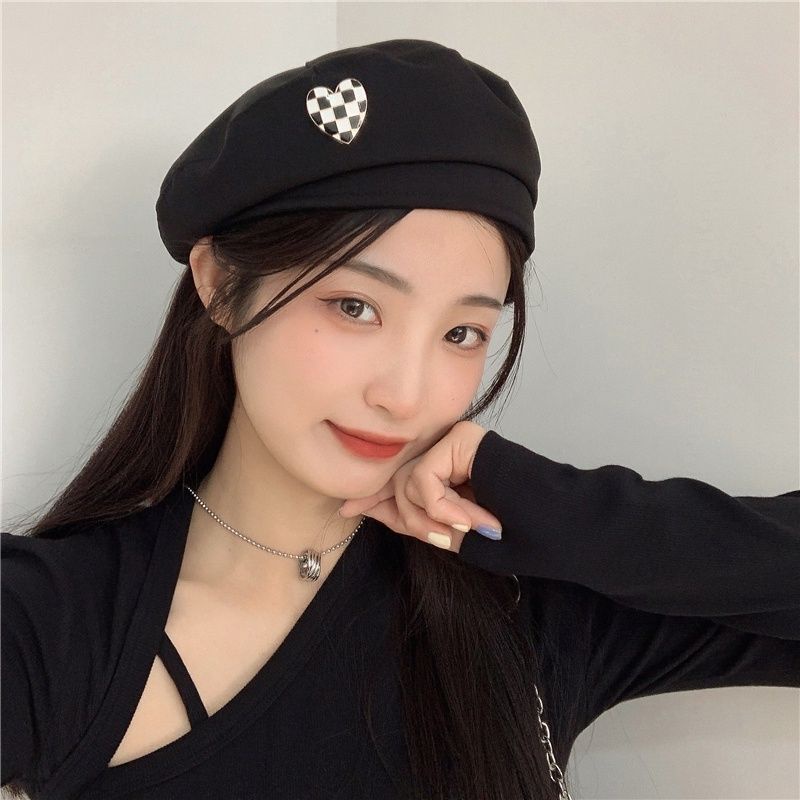 Mũ Beret Tag Hình Trái Tim Họa Tiết Caro