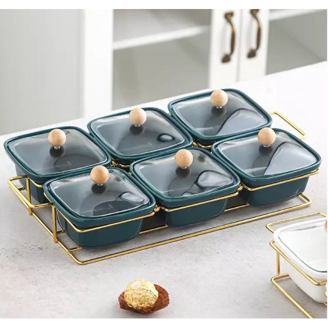 BỘ ĐĨA ĐỰNG BÁNH KẸO BẰNG SỨ VÀ KHAY KIM LOẠI