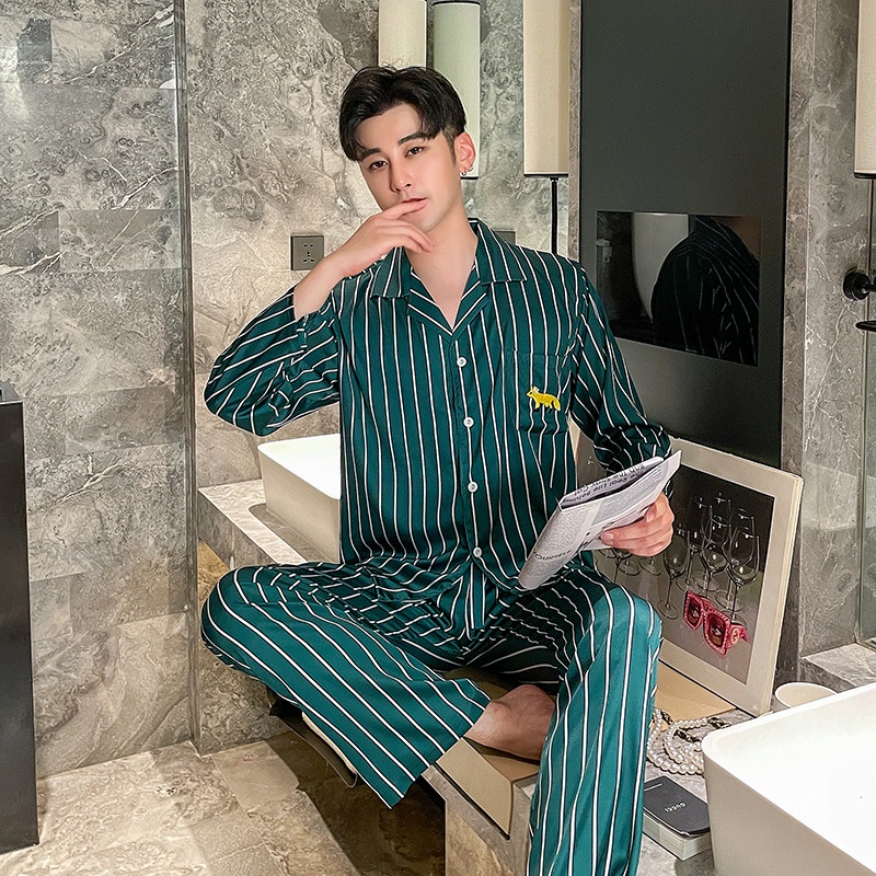 Bộ đồ ngủ dài tay giả lụa lạnh họa tiết kẻ sọc thiết kế độc đáo thời trang xuân thu cho cặp đôi
