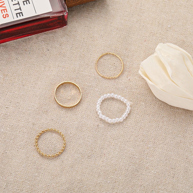 Nhẫn Bốn Mảnh Đính Ngọc Trai Kim Loại Thời Trang Đơn Giản Cá Tính
