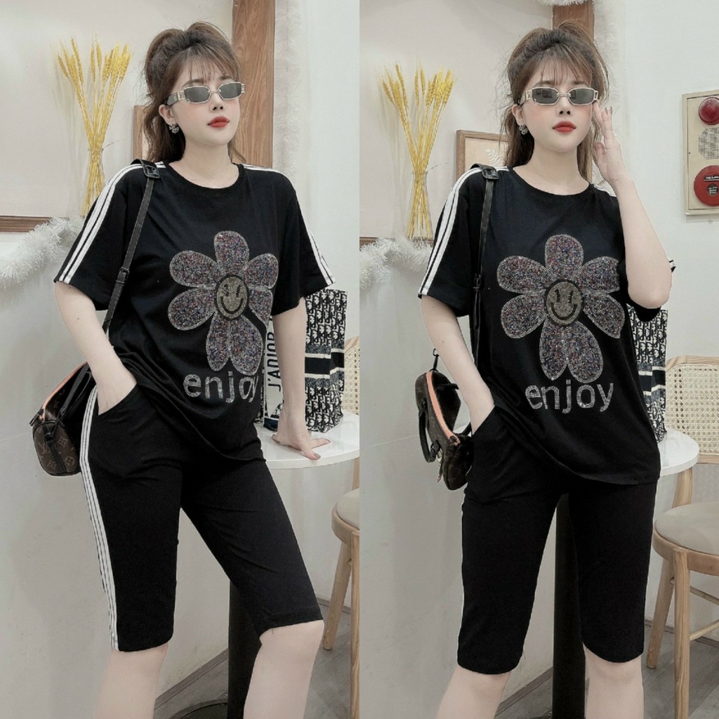 Set Bộ Lửng Thun Cotton Đính Cườm Đá Hoa Cúc Sang Trọng