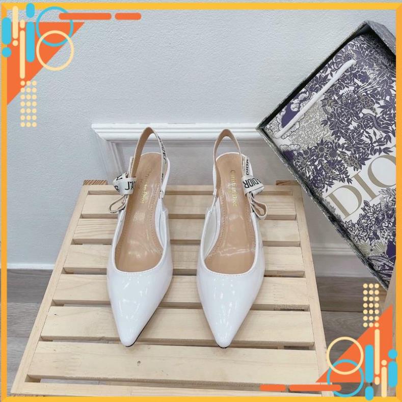 Giày Sandal, Giày Cao Gót Nữ dior trắng gót 6p da bóng hàng fullbox + bill + túi giấy
