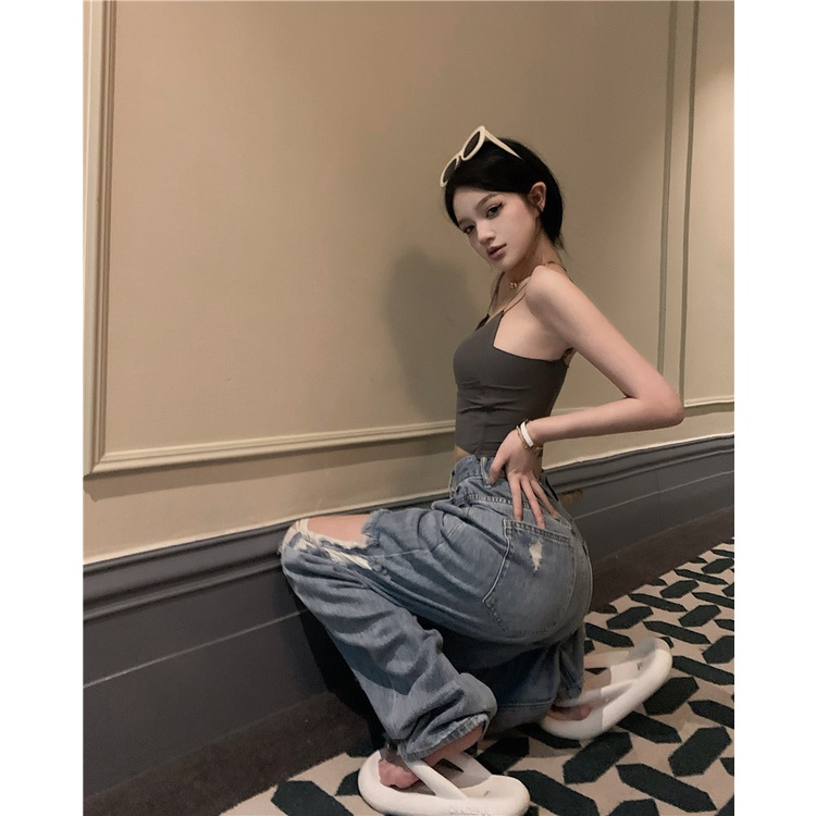 Quần Jeans Dài Rách Gối Thời Trang Dành Cho Nữ