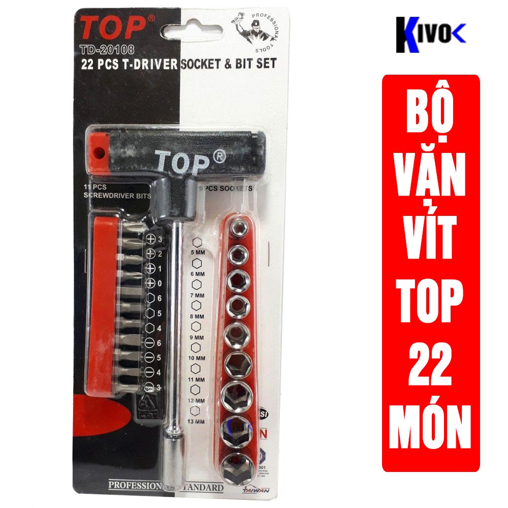 Bộ Dụng Cụ Tua Vít Tuýp Đa Năng 22 Món TOP TD-20108 - Bộ Tua Vít, Cán Vặn Chữ T, Đầu Vít Dẹt - Bake, Lục Giác