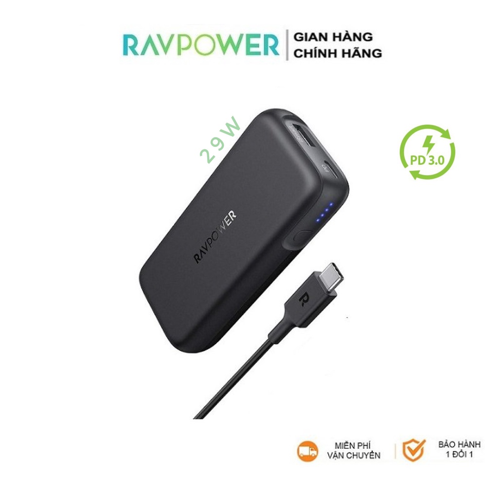 Sạc Dự Phòng 29W RAVPower RP-CPBN001 - 10.000 mAh - PD 3.0 - QC 3.0 - Siêu Nhỏ Gọn - Hàng Chính Hãng - Mới 100%
