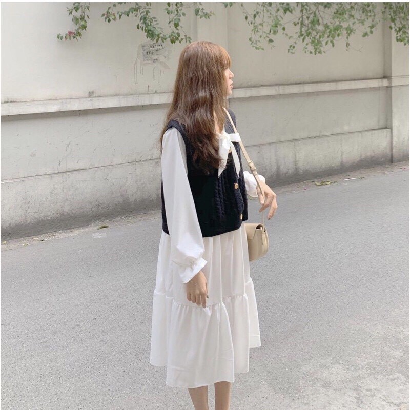 Đầm nữ  🦋 thắt nơ ngực váy trắng và đen đầm dự tiệc đi chơi du lịch váy dài mix kèm áo len gile áo khoác hay cadigant | BigBuy360 - bigbuy360.vn