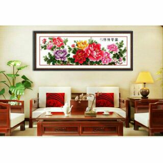 Tranh thêu chữ thập hoa mẫu đơn kt 158×54