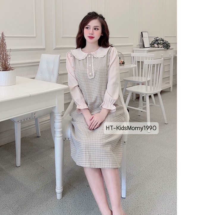 Váy bầu, đầm bầu thu đông thiết kế công sở dáng suông chất liệu nhung tăm cao cấp
