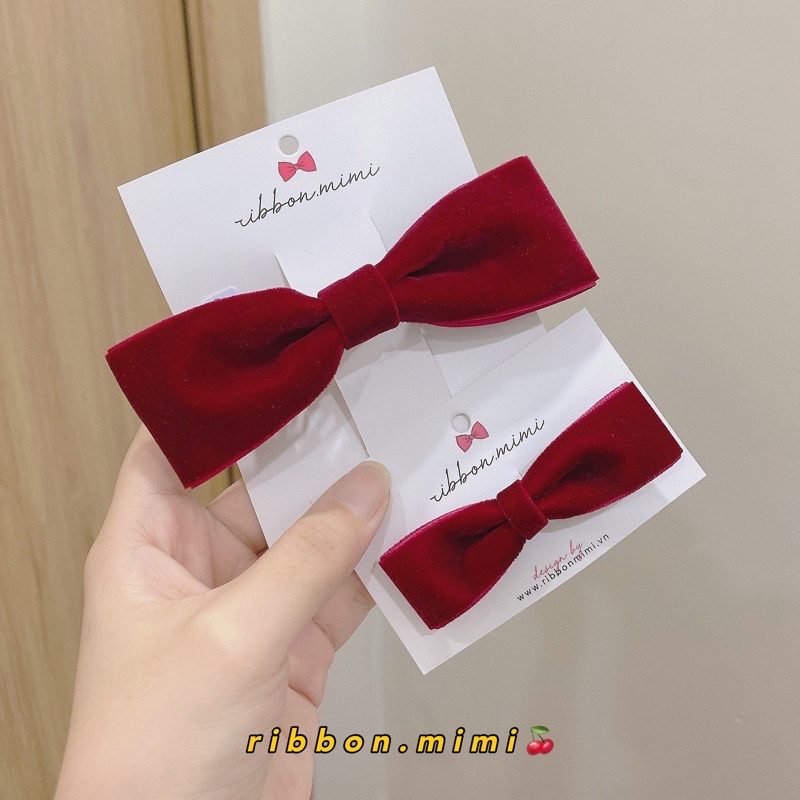 Kẹp Tóc Nơ Đỏ Nhung Handmade Cao Cấp Ribbon.mimi Basic Velvet Kẹp giữa / Kẹp mái